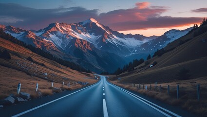 A picturesque mountain road at dusk