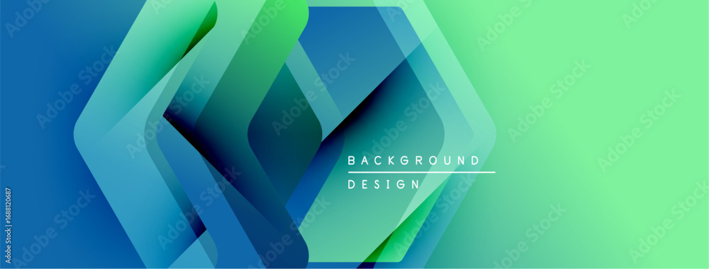 Poster abstract geometric shapes overlap. blue, green gradients create modern background design. text reads