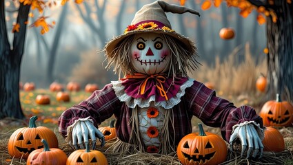 A frightening Halloween scene featuring a scarecrow