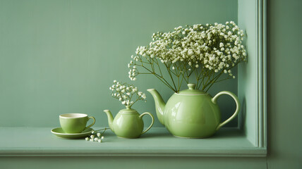 A serene still life photograph of tea service items in a soft sage green color scheme