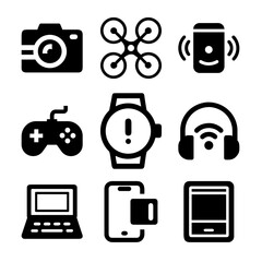A collection of 9 minimalist black-and-white flat icons of popular gadgets