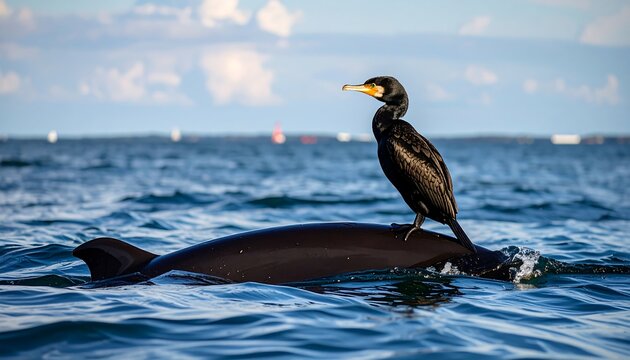 Cormorant perched atop a dolphin at sea - Powered by Adobe