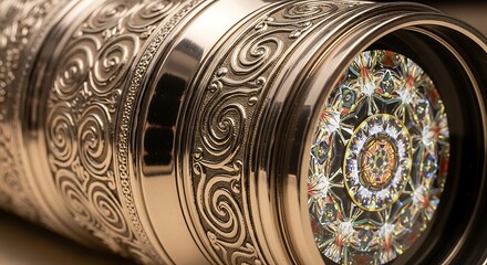 Close-up of ornately engraved kaleidoscope with a complex kaleidoscopic pattern visible through the lens