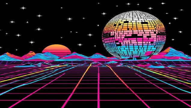Cyberpunk landscape with a disco ball