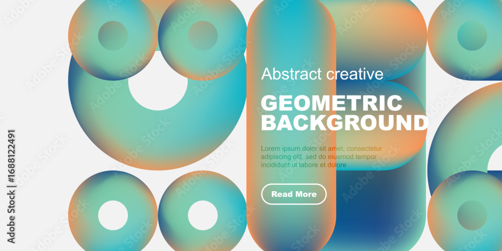 Poster vibrant geometric shapes overlap, creating colorful background. text block present with call to acti