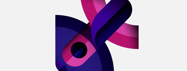 Abstract design features layered ribbons, purple hues, circular element. Modern aesthetic, clean lines, minimalist composition.