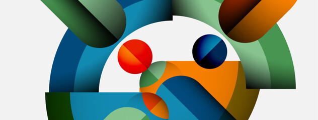 Abstract composition featuring colorful overlapping circles, arcs, shapes. Modern design, vibrant hues, clean aesthetic. Minimalist, geometric patterns present.
