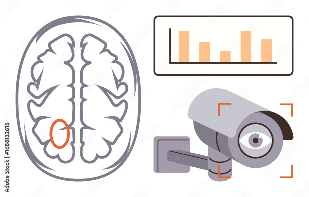 Poster brain diagram with highlighted zone, surveillance camera, and progress chart representing monitoring