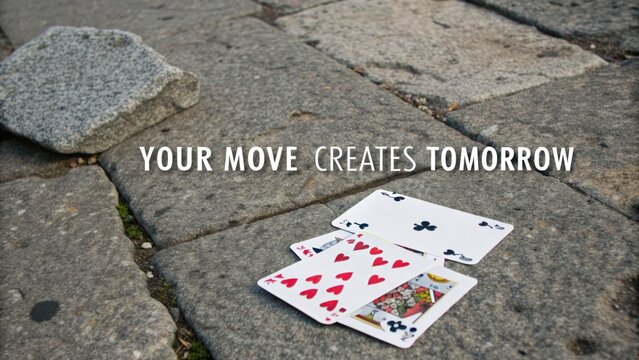 Playing cards on a stone surface evoking strategic choices for the future