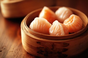 Steamed dumplings in a bamboo steamer.