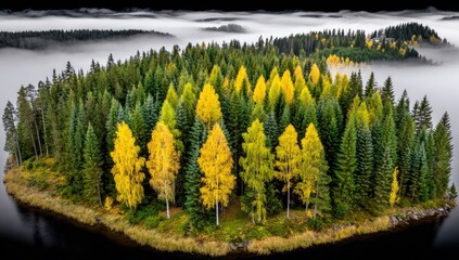 Autumnal island shrouded in mist. Aerial view of a small island with vibrant fall foliage, various green and yellow trees, nestled in a lake, surrounded by a low layer of fog