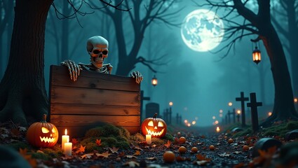 Halloween Horror Background with Skeleton Holding a Blank Sign