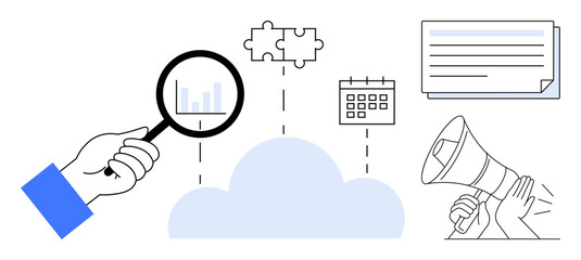 Magnifying glass examining analytics, floating puzzle, calendar, and documents around a central cloud with a megaphone. Ideal for data analysis, collaboration, planning, communication, teamwork