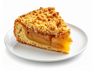 Delicious apple crumble pie slice, elegantly presented on a white plate