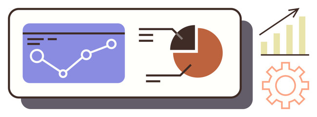 Interactive dashboard featuring line graph, pie chart, gear icon, and growth arrow. Ideal for analytics, progress, planning, business strategy innovation teamwork and performance. Simple flat