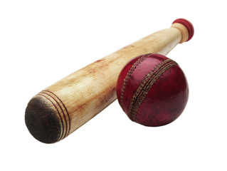 Wooden cricket bat with red leather ball isolated on transparent background