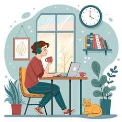 Vector art of young woman working from home with her cat, enjoying a cup of coffee and listening to music on headphones, sitting at a desk with a laptop