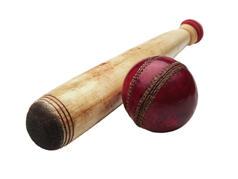 Wooden cricket bat with red leather ball isolated on transparent background