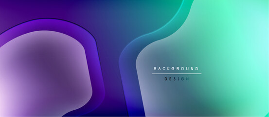 Abstract fluid shapes blend purple, blue, teal hues. Modern design features layered forms, gradient effect, text elements. Minimalist aesthetic.