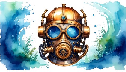 Steampunk diving helmet in water