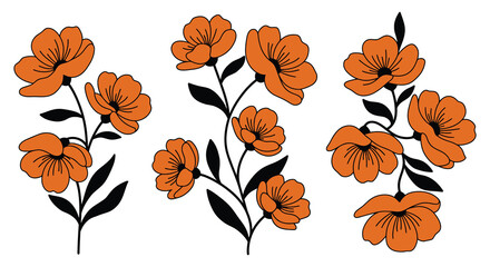 orange flowers with black stems and green leaves