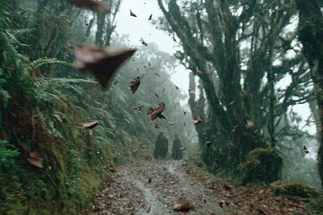 Obraz premium Dried leaves swirling in a misty rainforest.