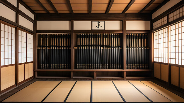 A traditional Japanese samurai dojo with wooden floors paper walls and a rack displaying various katana swords creating a serene and historic atmosphere for martial arts training and practice