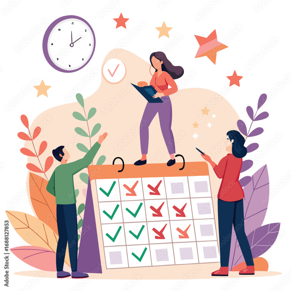 Poster vector art of teamwork and time management concept with people planning and scheduling tasks on a ca