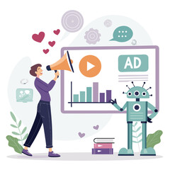 Vector art of a woman with a megaphone and a robot promoting a product or service through online advertising and marketing strategy