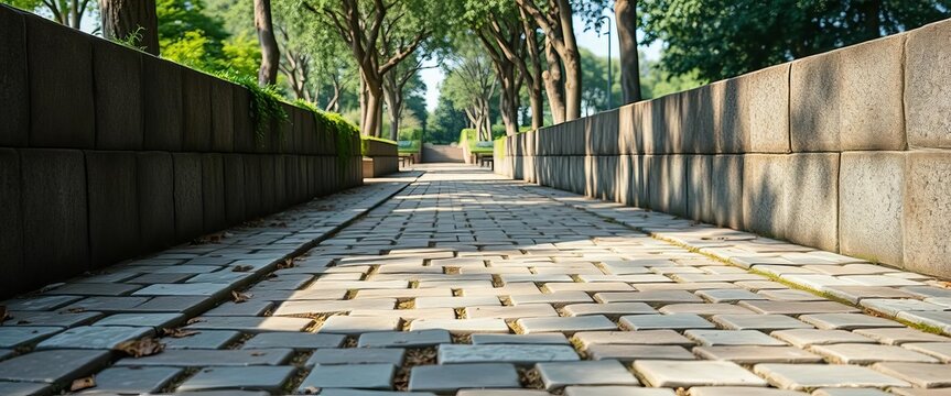 Worn, uneven, dirty mosaic tiles form a textured pathway in a park ,  retro,  discoloration