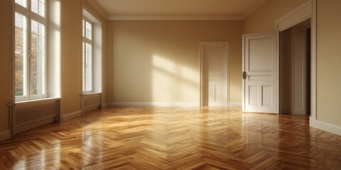 Fototapeta premium Empty room with sunlight streaming through windows, polished herringbone wood floors