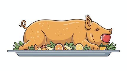 A roasted pig, a symbol of abundance and celebration, presented on a platter adorned with fresh fruits and vegetables, evoking a sense of festive feasting and culinary delight for gatherings