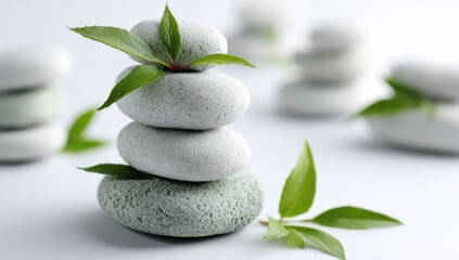 Obraz premium Stacked light gray stones, topped with fresh green leaves, on a light background