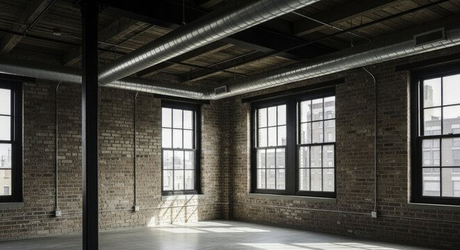 Industrial-style empty room with exposed brick walls, concrete floor, large black-framed software, wooden ceiling beams, and metal ductwork, illuminated by natural light.