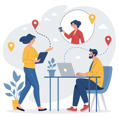 Vector art of team working remotely, woman giving presentation, man working on laptop, and another woman on video call