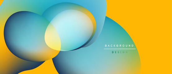Abstract composition features overlapping circles, vibrant colors. Yellow, blue gradients create dynamic visual effect. Modern design element.