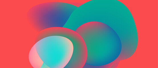 Abstract shapes overlap, creating vibrant color gradients. Red background contrasts with blues, teals, purples. Fluidity dominates composition.