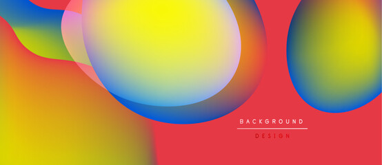 Vibrant fluid shapes blend, creating abstract background. Colors transition smoothly, offering modern visual appeal. Red dominates lower portion.