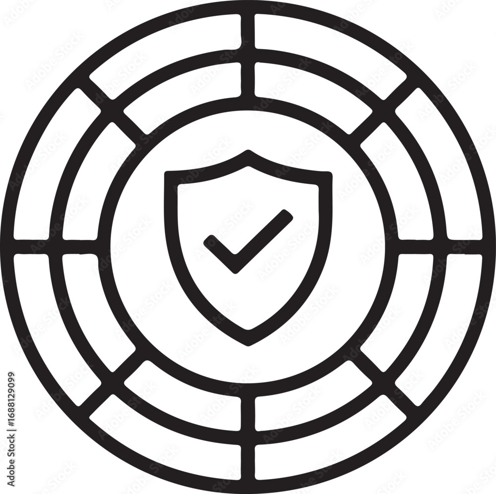 Poster targeted security shield with checkmark symbol inside a circular grid