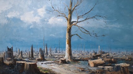 Obraz premium A solitary tree stands tall amidst a desolate landscape of stumps in oil painting style.