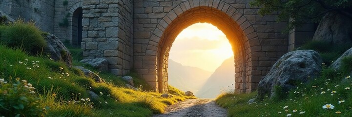 Sunlit Stone Archway A Breathtaking Ethereal Landscape Scene Perfect for Travel, Nature, and Architecture Photography, Evoking Serenity and Wonder.