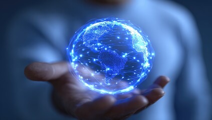 Holographic Earth in a hand, glowing blue network