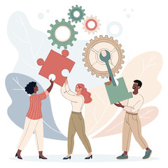 Vector art of teamwork and collaboration concept people connecting puzzle pieces and gears business strategy and solution