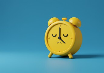 Sad yellow alarm clock on blue background concept of time management procrastination or the dread of Monday mornings and deadlines looming
