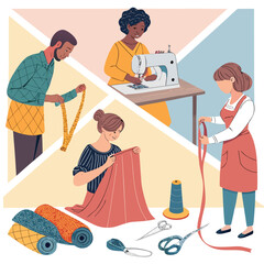 Vector art of creative sewing and tailoring process illustration, showing different stages of garment making