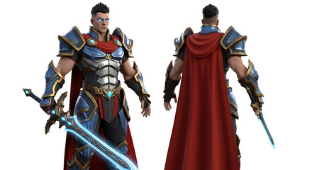 A formidable warrior stands ready, clad in futuristic armor, wielding a glowing energy sword with isolated white background. Perfect for game design, fantasy art, and dynamic character concepts.
