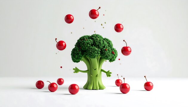 Broccoli Cartoon Character with Red Berries Falling Around