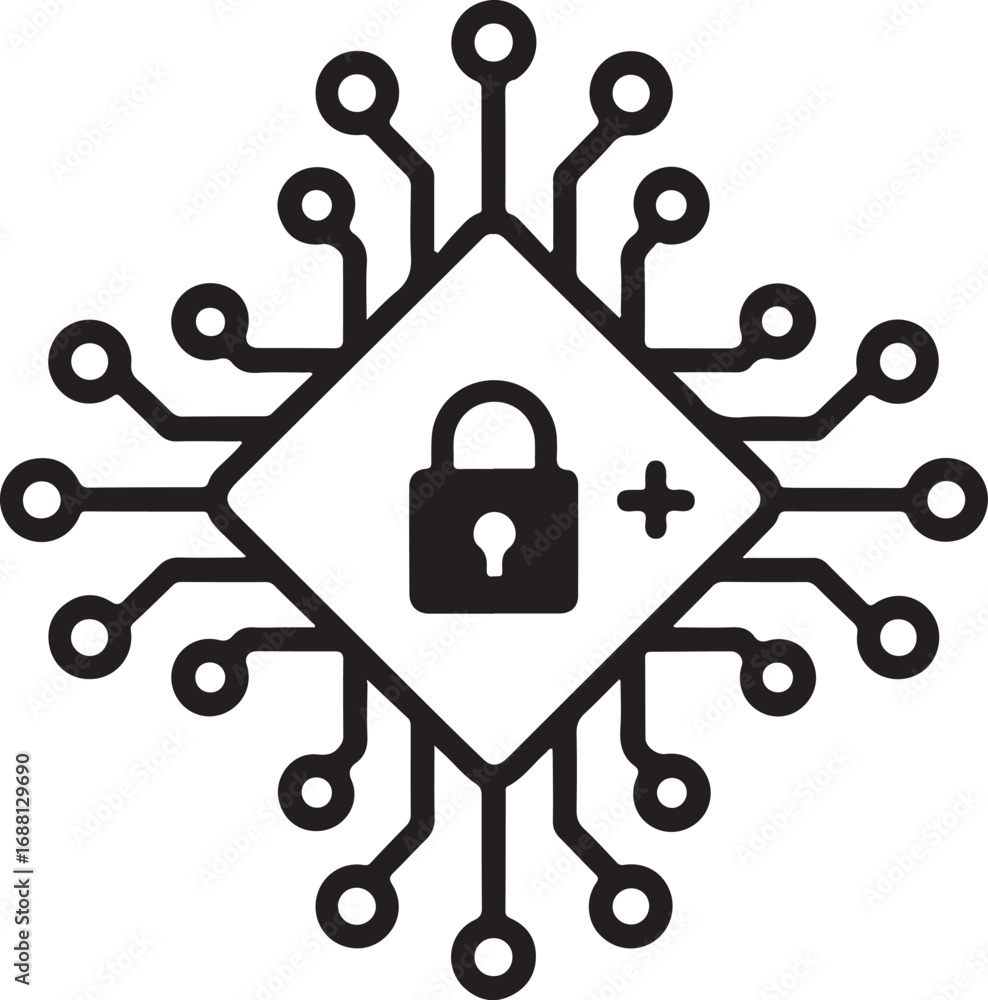 Poster digital security icon featuring a padlock on a microchip