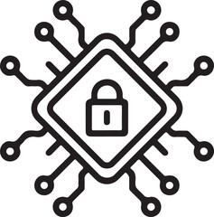 Digital security icon representing networked computer chip with padlock symbol