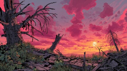 Dramatic illustration showcases desolate landscape regrowth against a vivid sunset sky.